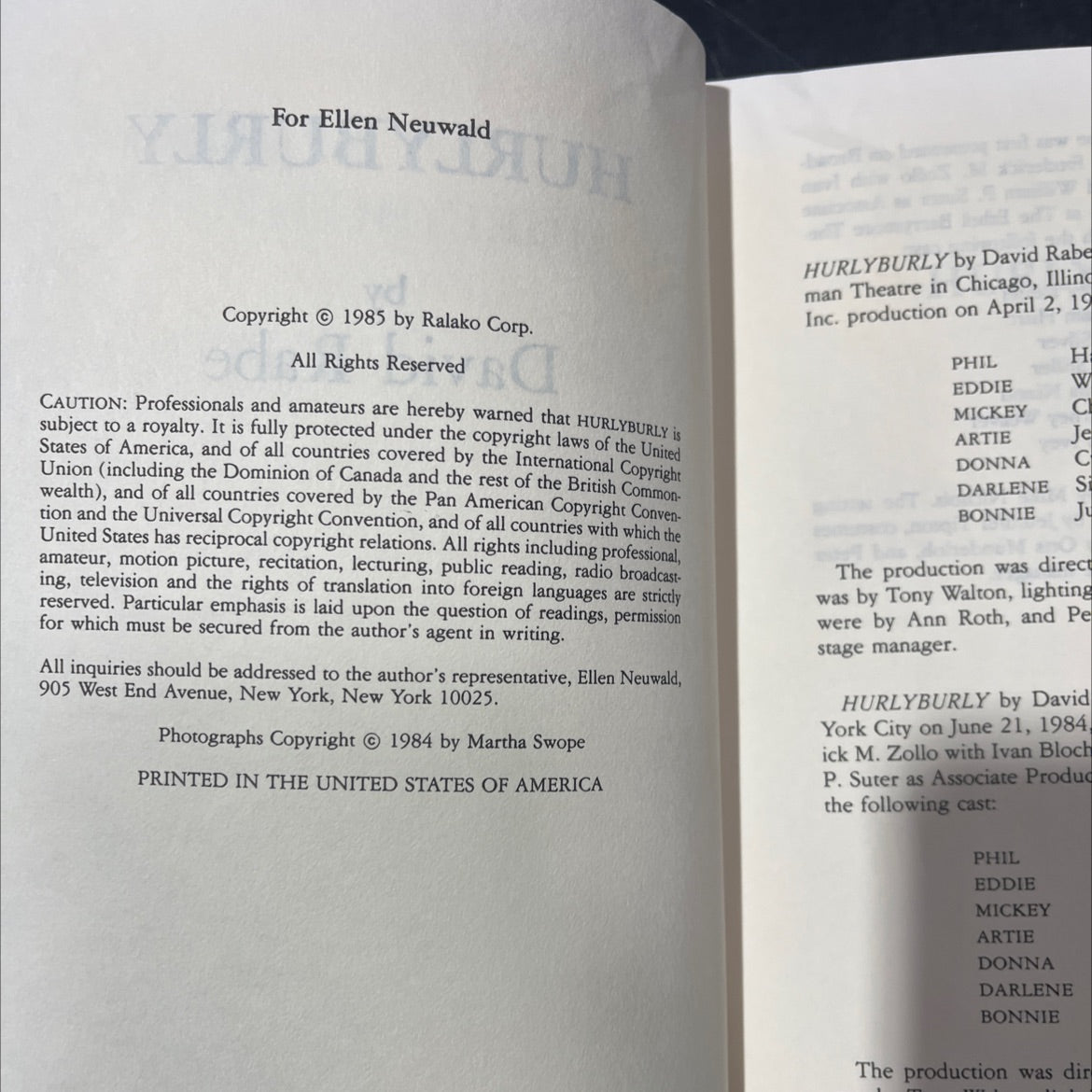 hurlyburly book, by David Rabe, 1985 Hardcover