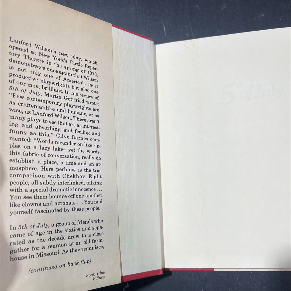5th of July book, by Lanford Wilson, 1978 Hardcover