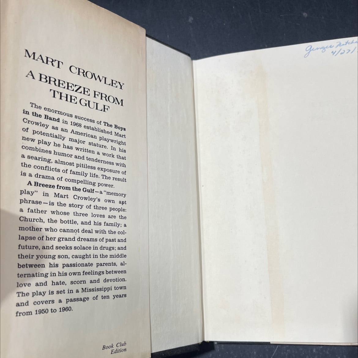 a breeze from the gulf book, by Mart Crowley, 1974 Hardcover