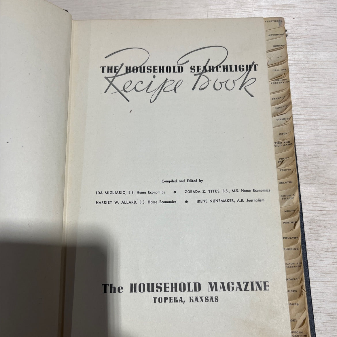 household searchlight recipe book book, by ida migliario, harriet w. allard, zorada z. titus, irene nunemaker, 1944