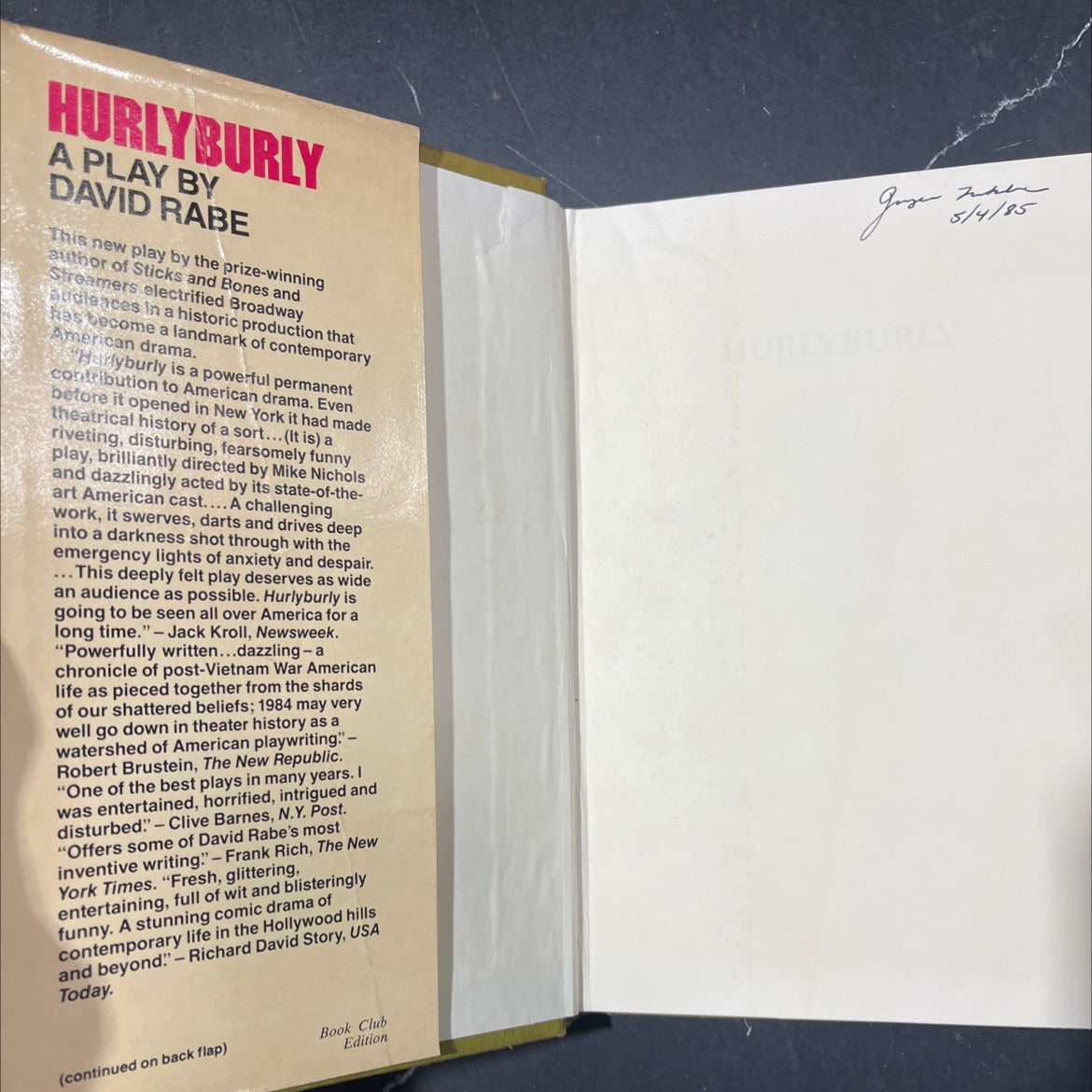 hurlyburly book, by David Rabe, 1985 Hardcover