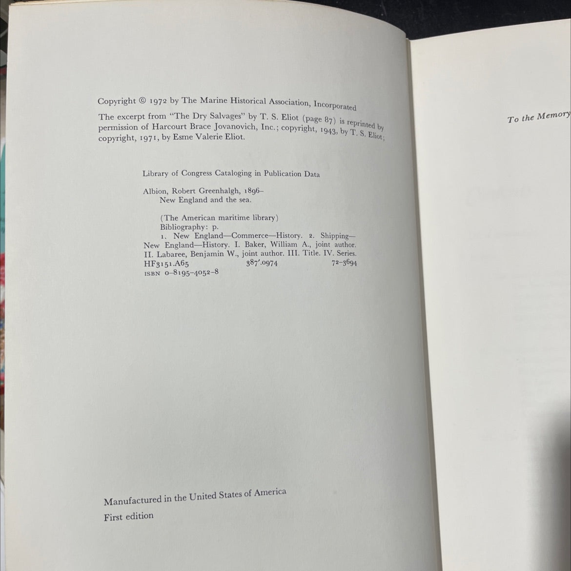 new england and the sea book, by robert g. albion, william a. baker, benjamin w. labaree, 1972 Hardcover