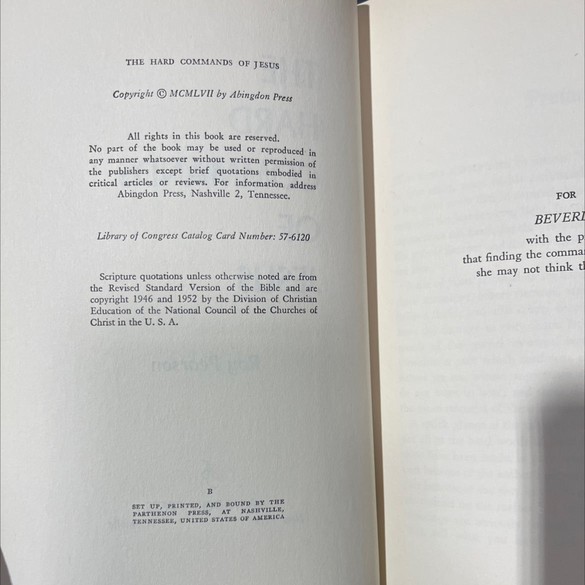 the hard commands of jesus book, by roy pearson, 1957 Hardcover