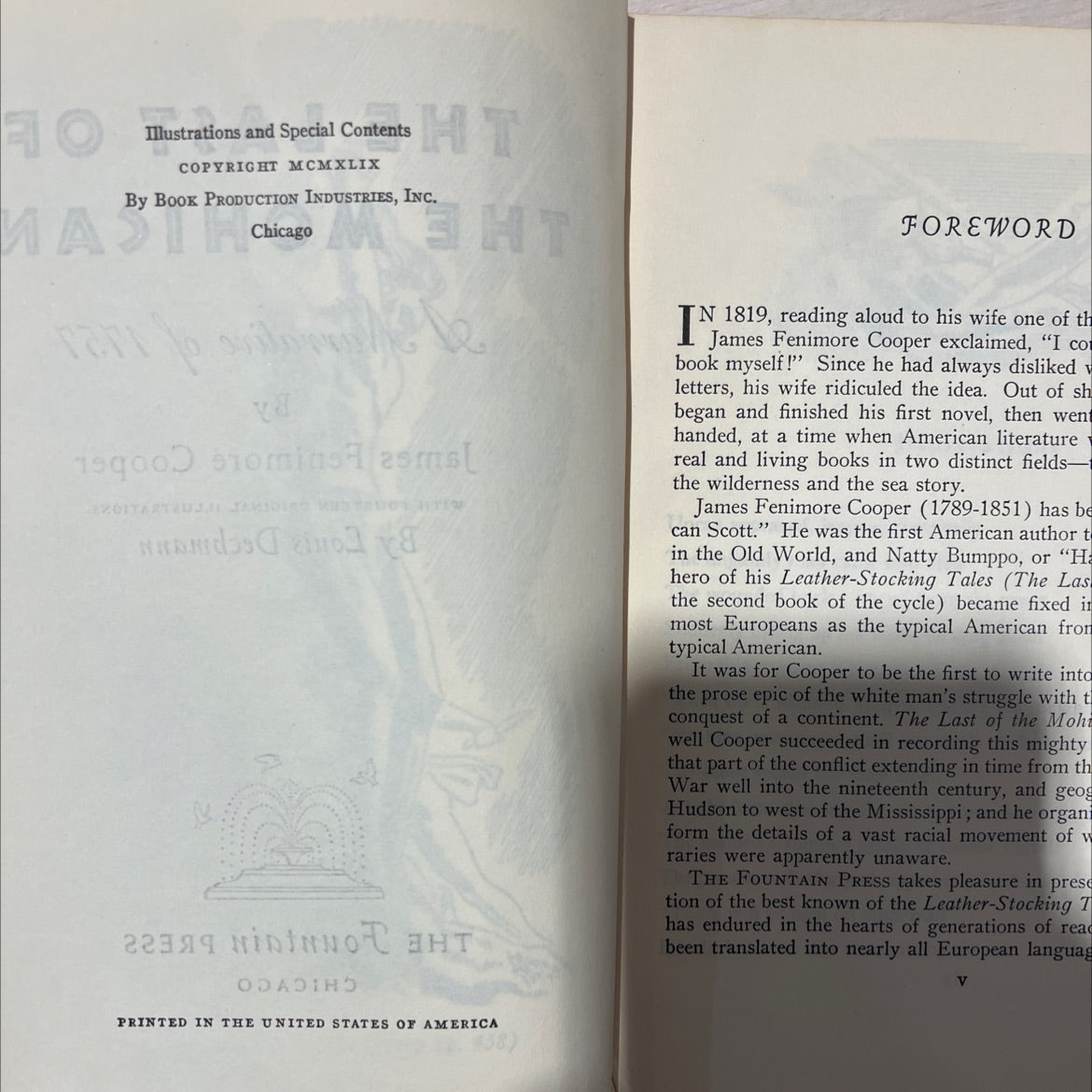 the last of the mohicans book, by James Fenimore Cooper, 1949 Hardcover, Vintage